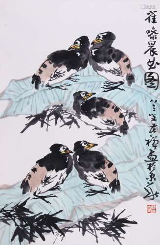 CHINESE SCROLL PAINTING OF BIRDS ON LEAF SIGNED BY LI KUCHAN