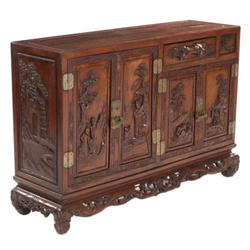 Chinese Hard Wood Carved 4 Panel Cabinet & Drawer