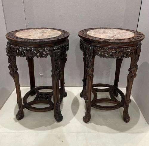 Chinese Pr Marble Inlaid Round Hard Wood Tables