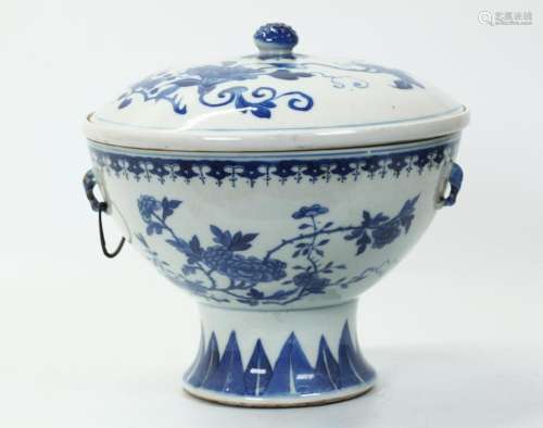 Chinese 3 Pt Blue White Porcelain Covered Warm Pot