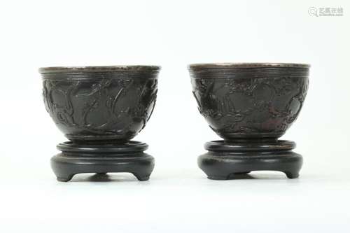 Pair Chinese 18/19 C Carved Coconut Shell Cups