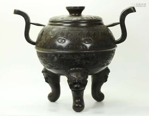 Large Chinese Cast & Incised Bronze Ding Censer