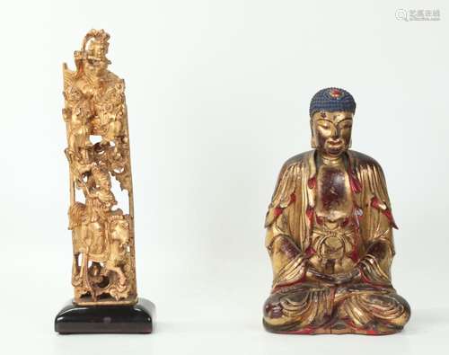 Chinese Qing Gold Lacquer Buddha; Gilt Carving