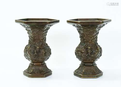 Pr Chinese 18/19 C Bronze Hexagonal Apsara Vases