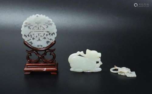 Chinese 19th C White Jade Pendant; Jade Earring