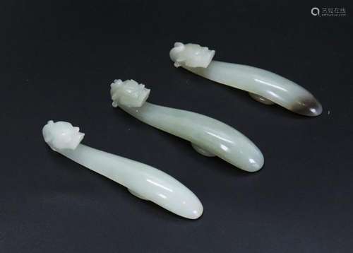 3 Chinese 18/19C White & Celadon Jade Dragon Hooks