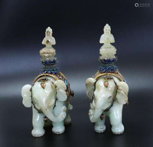 Pr Chinese Jade / Hard Stone Buddha on Elephants