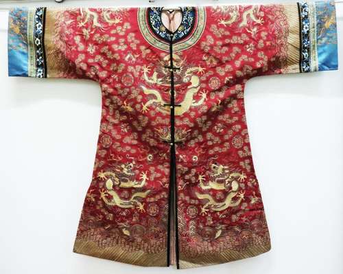 Chinese Qing Dynasty Red Silk & Gold Dragon Coat