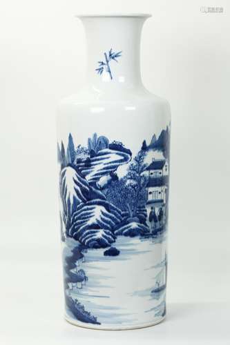 Lg Chinese Blue & White Porcelain Landscape Vase