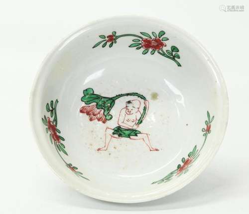 Chinese 17th C Red & Green "Boy" Porcelain Bow...