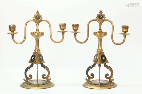 Pr Florentine 19C Pietra Dura Bronze Candlesticks