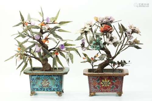 2 Chinese Jade & Stone Trees Cloisonne Planters