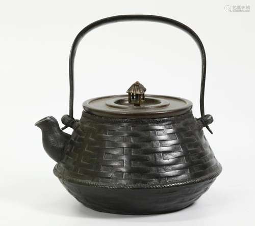 Japanese 19th C Cast Iron "Basket" Tetsubin Teapot