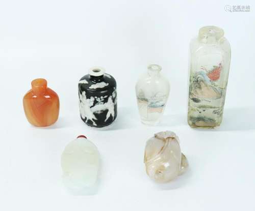 6 Chinese Snuff Bottles: Agate, Porcelain, Glass