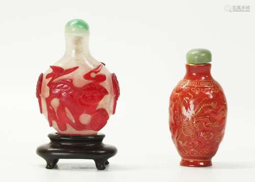 2 Chinese Snuff Bottles Porcelain & Red Glass