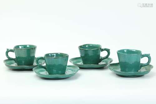 4 Chinese Enameled Yixing Small Cups & Saucers