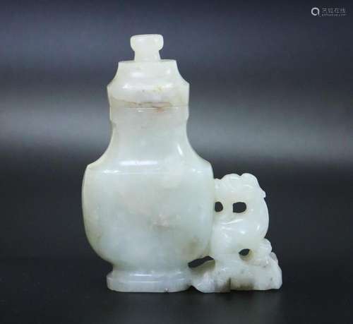 Small Chinese Jade or Hard Stone Hu Vase & Qilin