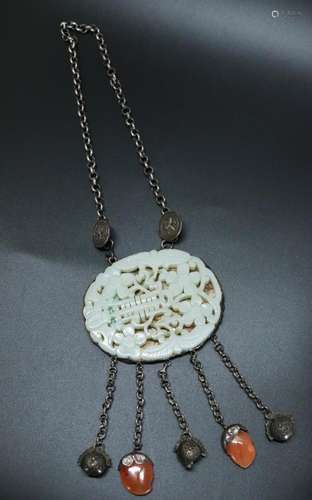 Lg Chinese 19th C White Jade Shou Pendant & Silver