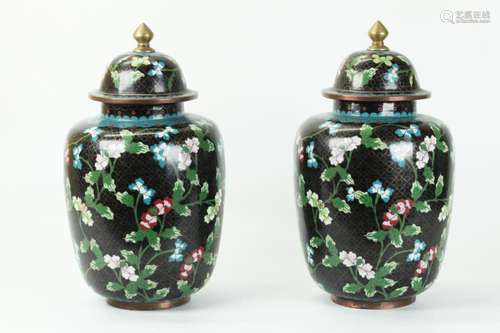 Pr Chinese Black Cloisonne & Gilt Bronze Jars