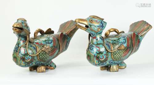 Pr Chinese Bronze Cloisonne Duck Incense Burners