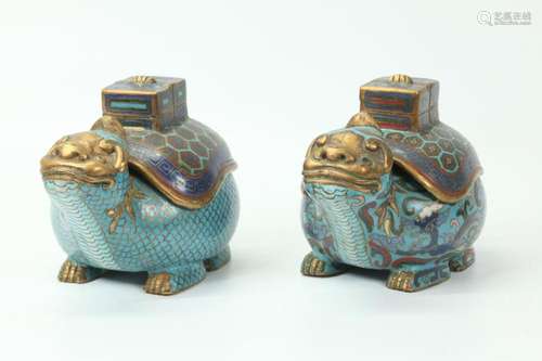 Pr Chinese 19 C Turtle Gilt Bronze Cloisonne Boxes