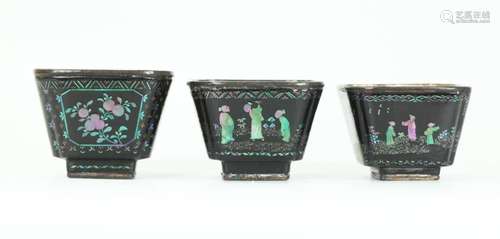 3 Chinese Early 18th C Lac Burgaute Lacquer Cups