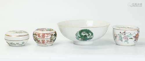 4 Chinese Enameled Porcelains; Bowl 2 Boxes Drain