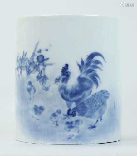 Chinese Blue & White Porcelain Chicken Brush Pot