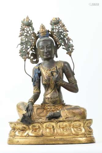 Tibetan Gilt Bronze Seated Green Tara Lotus Throne