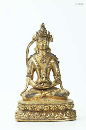 Tibetan 19th C Gilt Bronze Seated Buddha with Vase