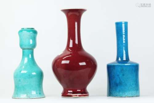3 Chinese Monochrome Glazed Porcelain Vases