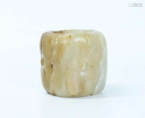 Chinese Carved Soft Jade Lotus Leaf Archer's Ring