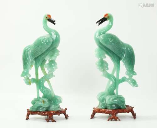 Pair Chinese Carved & Polished Chrysoprase Cranes