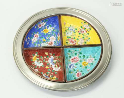 Chinese Pewter Round Plate & 4 Canton Enamel