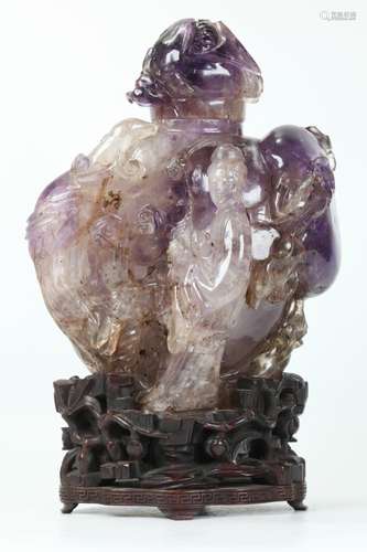 Lg Chinese 19th C Carved Amethyst Crystal & Stand