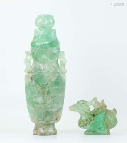 2 Chinese Green Quartz Carvings; Vase & Duck