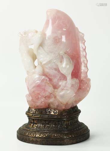 Chinese Rose Quartz Carving Carp & Dragon