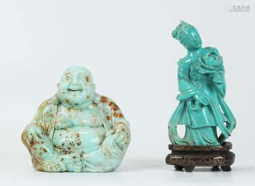 Chinese Turquoise Lady & Flower; Hard Stone Buddha