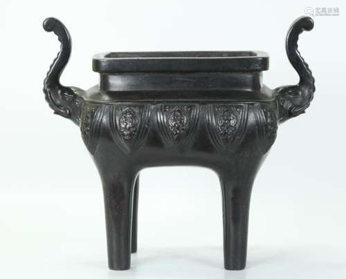 Chinese Bronze Incense Burner w 2 Elephant Handles