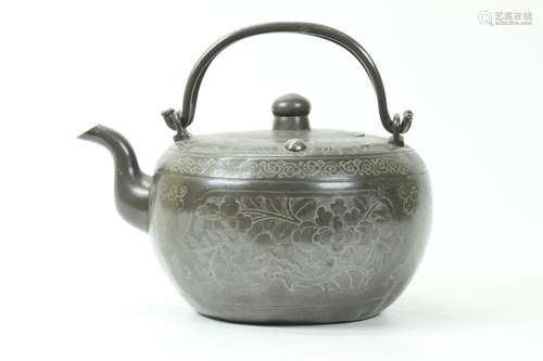 Chinese 19 C Incised Pewter Teapot Double Handles