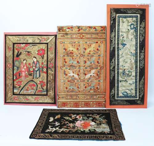 4 Chinese Qing Dynasty Silk Embroidered Panels