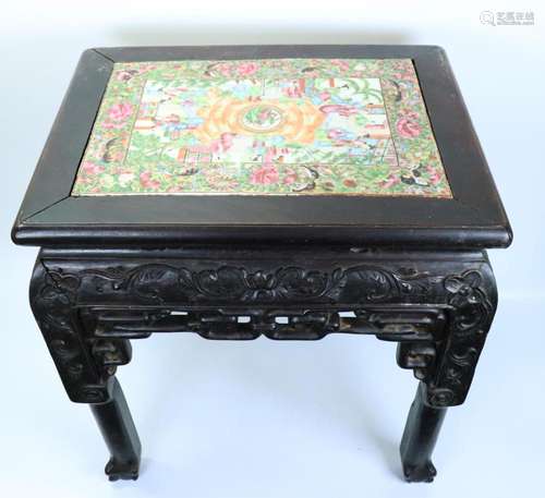 Chinese 19th C Porcelain Plaque in Hard Wood Table