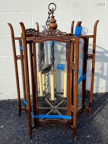 Lg Chinese 19 C 6 Panel Huali Wood & Glass Lantern