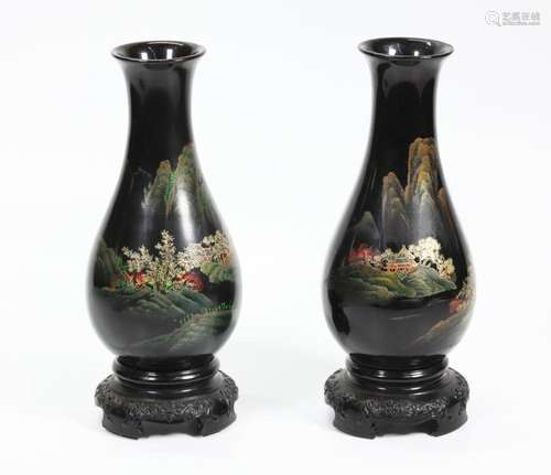 Pr Chinese Pear-Shaped Fujian Black Lacquer Vases