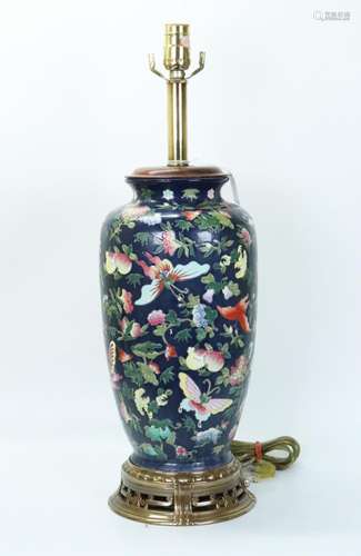 Chinese Porcelain Butterfly & Fruit on Blue Vase