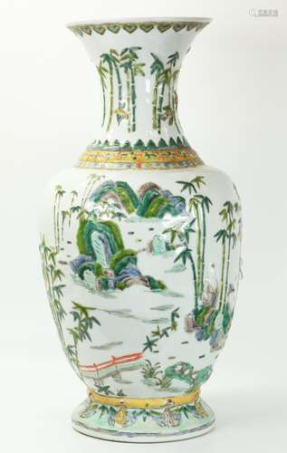 Lg Chinese Molded Enamel Porcelain Vase 7 Sages