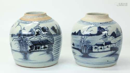 2 Chinese 19 C Blue & White Porcelain Ginger Jars