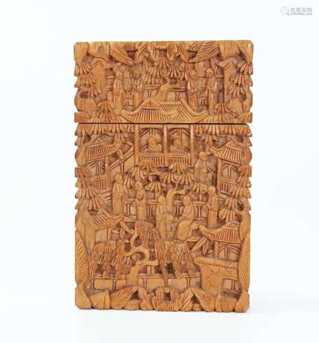 Chinese 19th C Solid Sandalwood Card Case & Cover