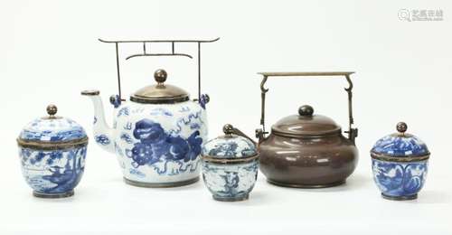 4 Silver & Blue White Porcelains; Yixing Teapot