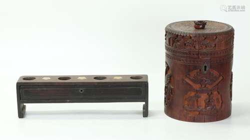 .Chinese Bamboo Tea Caddy, Wood Incense Drawer